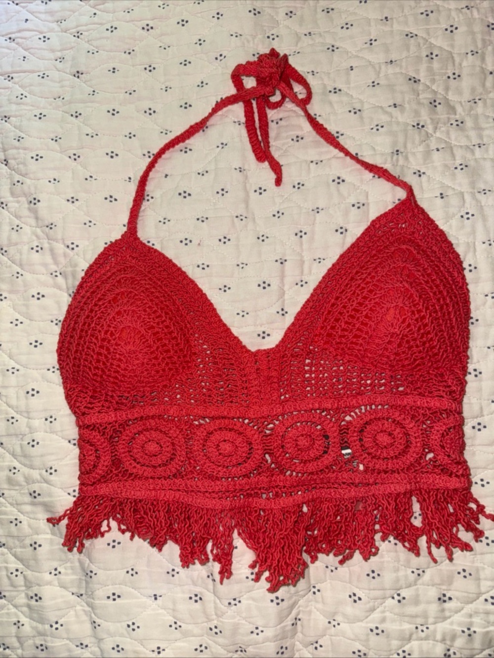 Sans Souci Coral Crochet Fringe Halter Cropped Tank 100% Cotton Size S